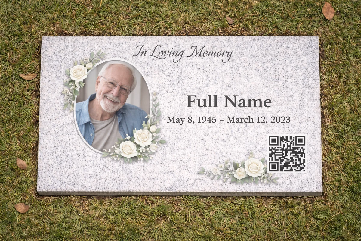 Lápida con flores y código QR de memorial